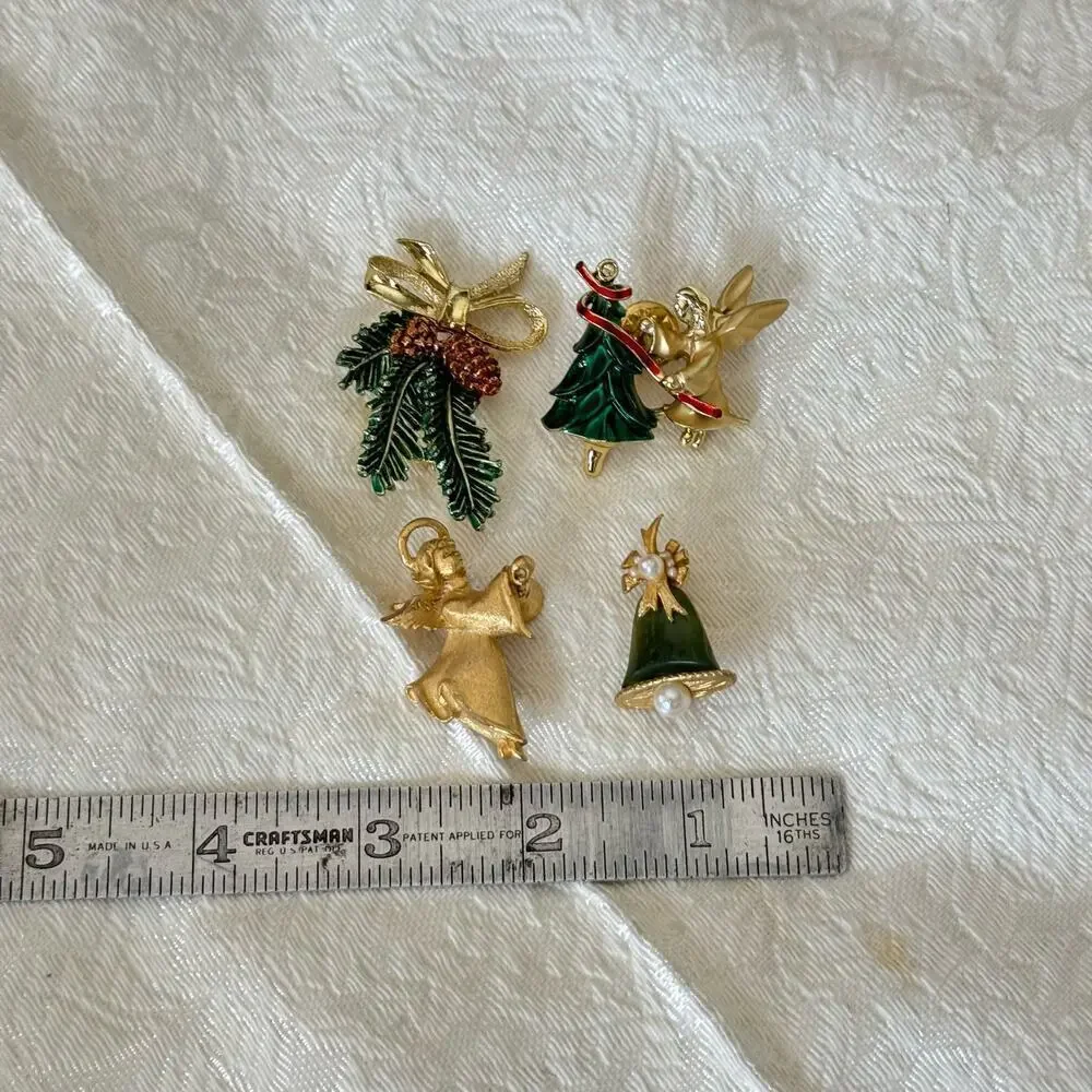 Lot of 4 Gold Enamel Christmas Brooches Pin Signed Vintage Jewelry Angels 1990s